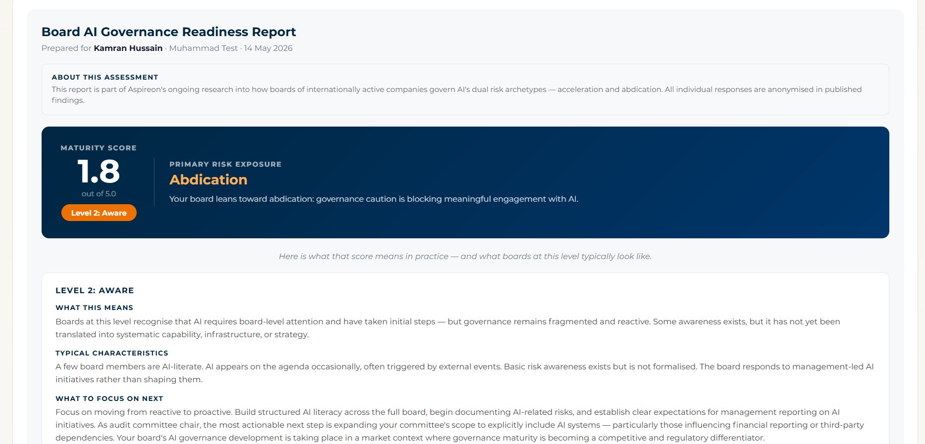 Aspireon automated PDF report with maturity score