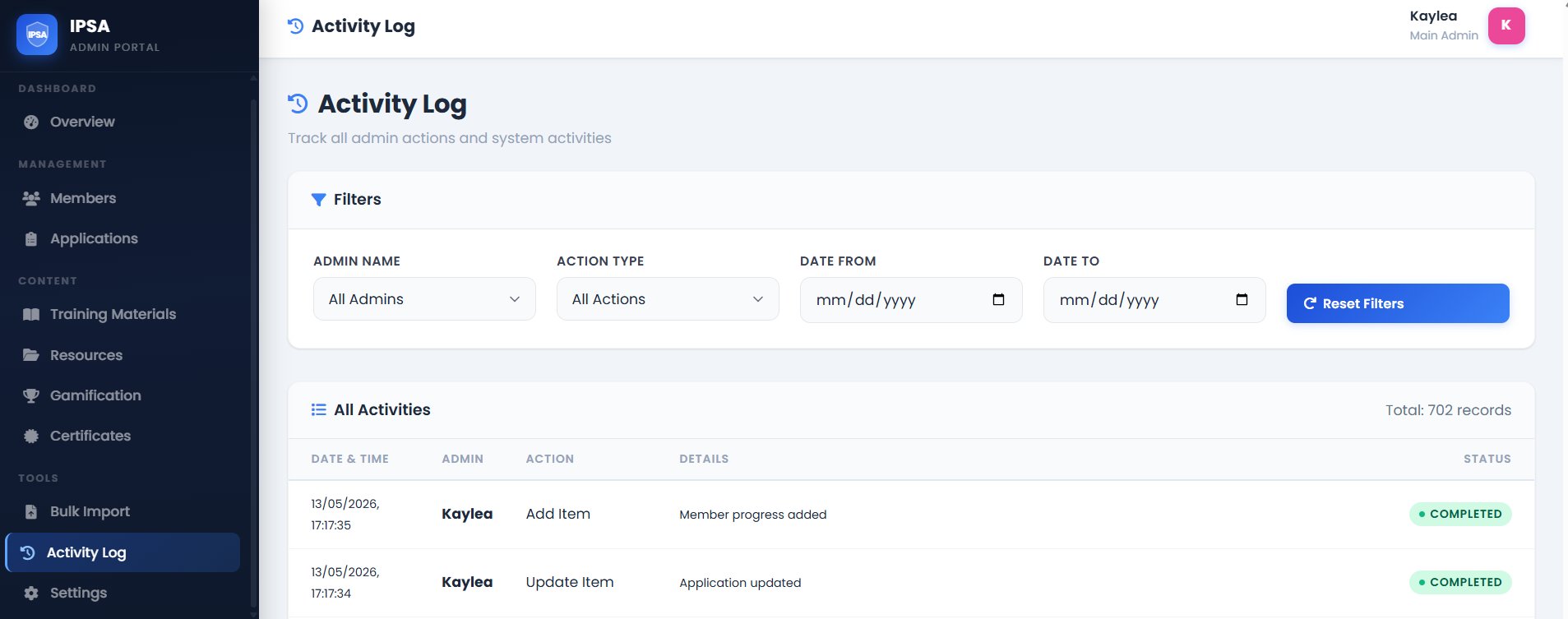 IPSA activity log — 702 records