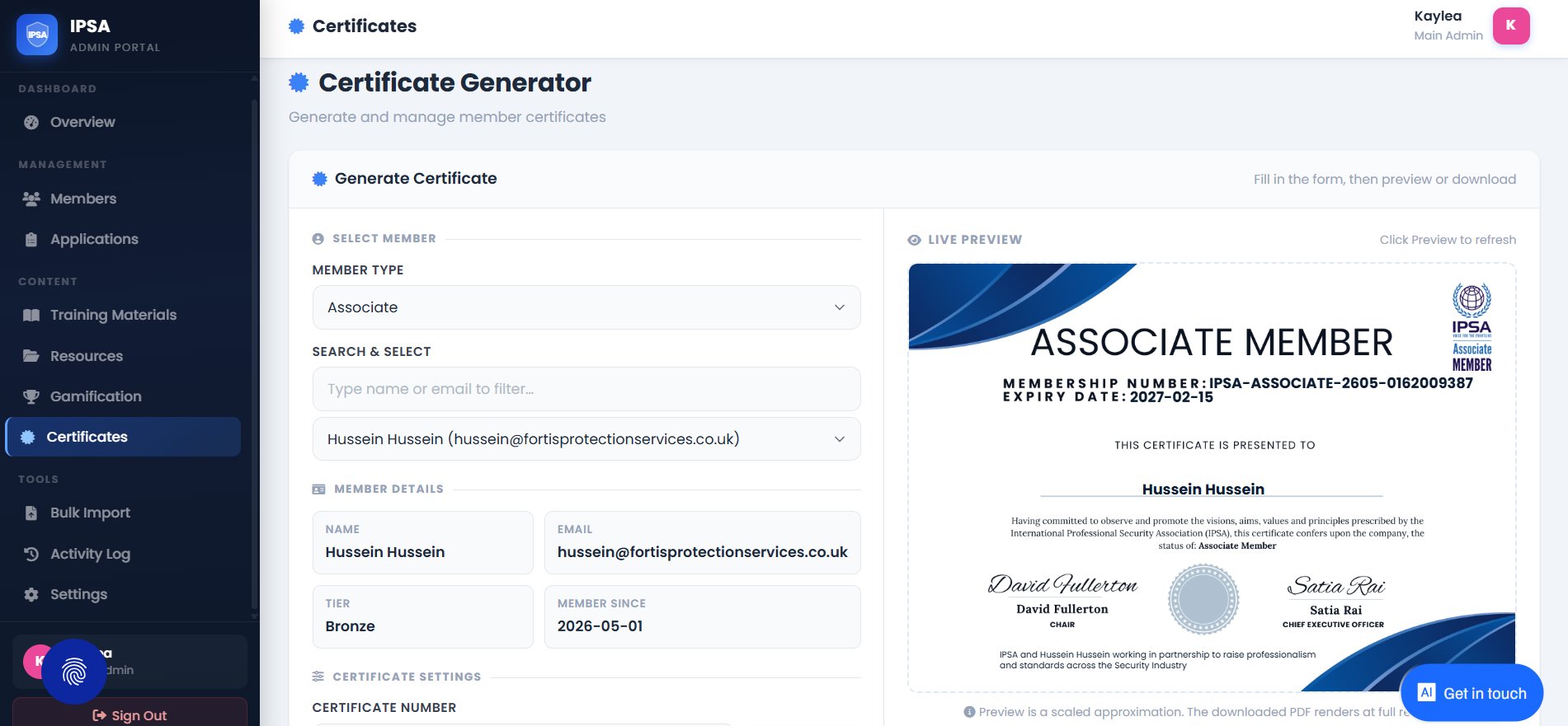 IPSA certificate generator — live preview with member name, number, and signatures